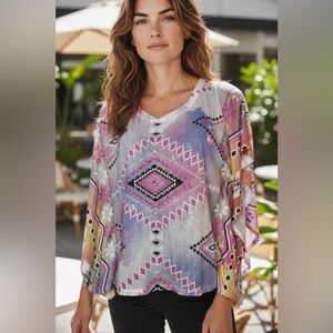 BONGO Pink and Purple Graphic Blouse EUC PTP 16 L 21